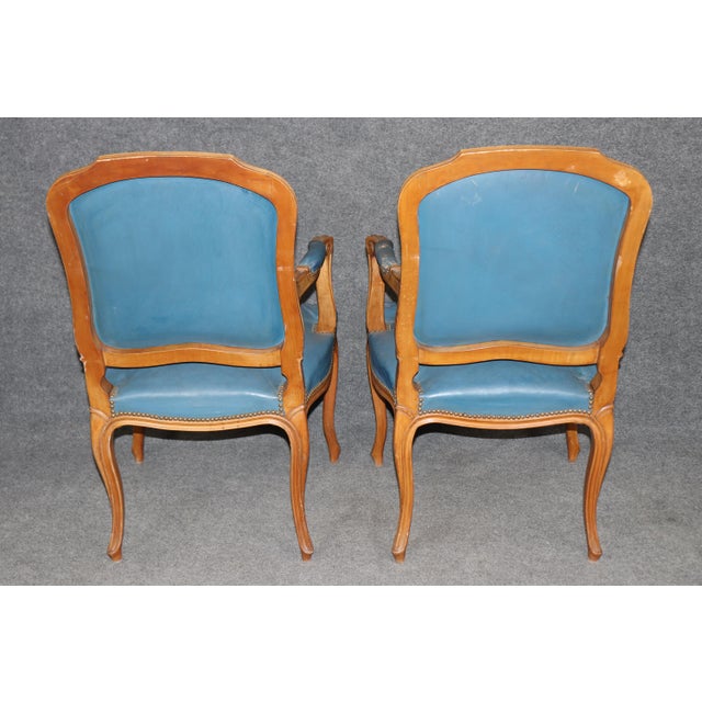 French Louis XV Style Walnut and Leather Set of 10 Dining Chairs C. 1940s For Sale - Image 4 of 14