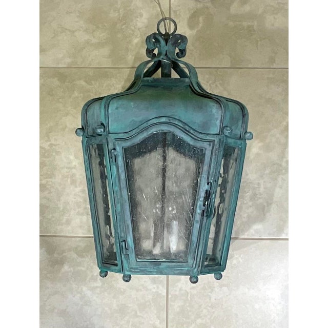 Verdigris Exquisite Vintage Verdigris Hand -Forge Iron Hanging Lantern For Sale - Image 8 of 18