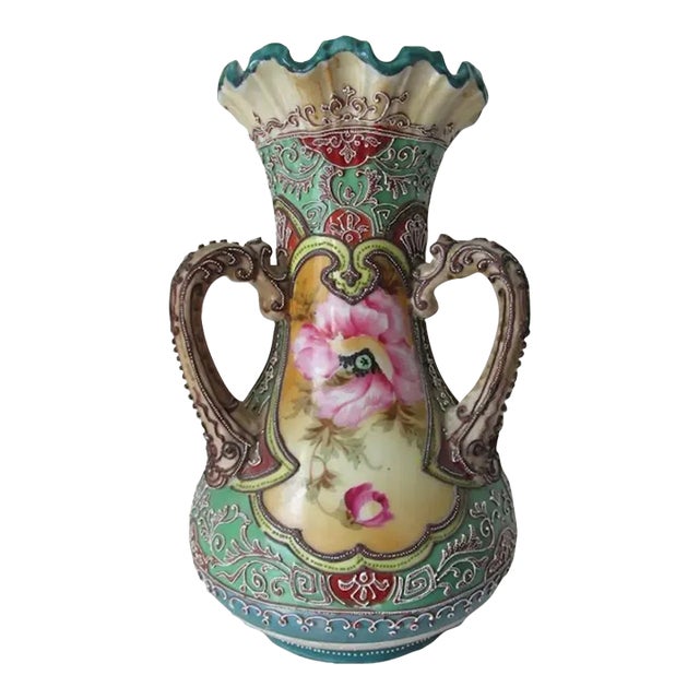 Antique Asian Nippon, Moriage Hand Painted Vase With Poppy Flowers For Sale