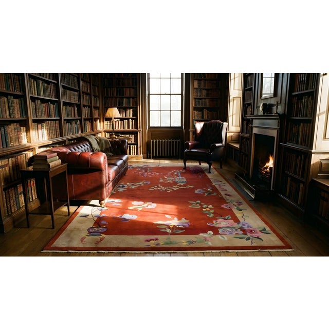 Textile Grand Red-Raspebery Background in a Floral Desgin Antique Chinese Art Deco Rug For Sale - Image 7 of 8