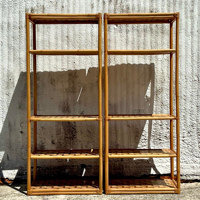 Wood Vintage Coastal Parquet Rattan Etagere - a Pair For Sale - Image 7 of 10