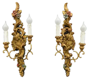Rococo Style Carved and Polychrome Painted Wooden Sconces, 1930s, Set of 2