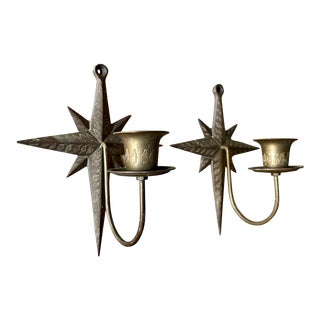 Vintage Etched Brass Moorish Star Candle Holder Wall Sconce - a Pair For Sale