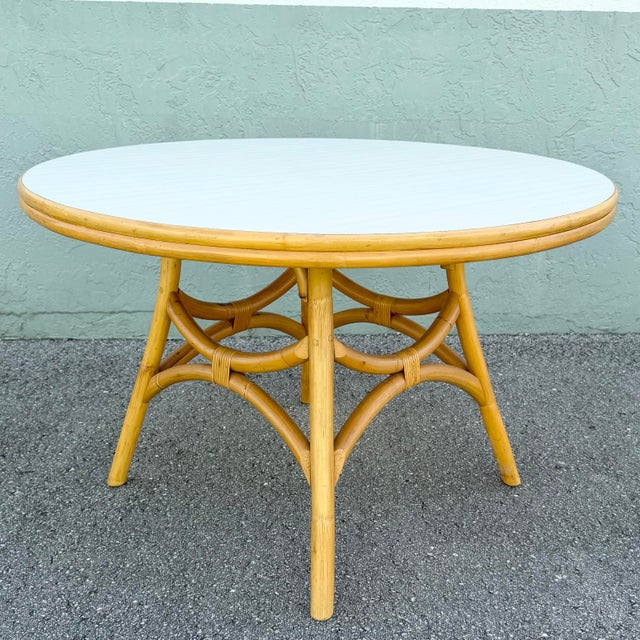 Late 20th Century Boho Chic Rattan Laminate Top Circular Dining/Card Table For Sale - Image 5 of 6