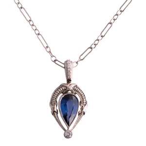 Mid 20th Century Platinum 1.06ct Pear Shape Natural Sapphire/ 14k White Gold Dia Bail and Chain