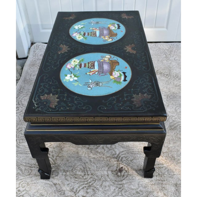 Wood Coffee Table Painted Black Lacquer Chinese Cloisonne Enamel Panels 36" For Sale - Image 9 of 12