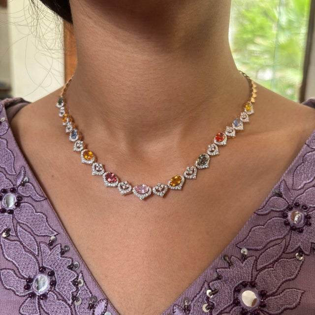 Natural multi sapphire 8.85cts & diamond 2.50cts necklace in 18k gold For Sale - Image 9 of 18