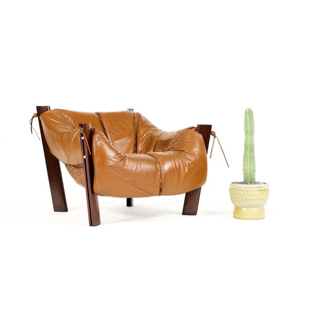 #2155 — Mid Century Brazilian Modernist Lounge Chair — Percival Lafer — Model MP-211 — Brown Leather + Rosewood Great...