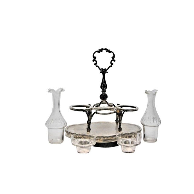 Silver Embossed Liqueur Bottle with Cut Glass Cruets and Containers for Salt and Pepper, Set of 5, in Very Good...