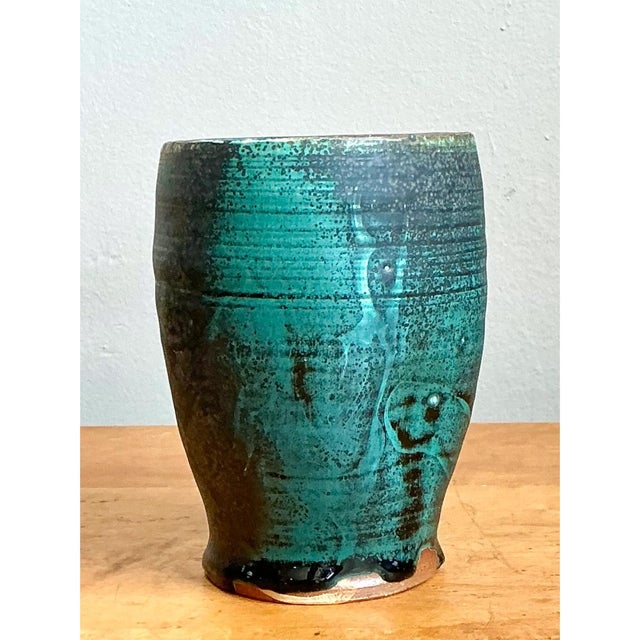 Vintage Blue Green Glazed Pottery Vase For Sale - Image 11 of 12