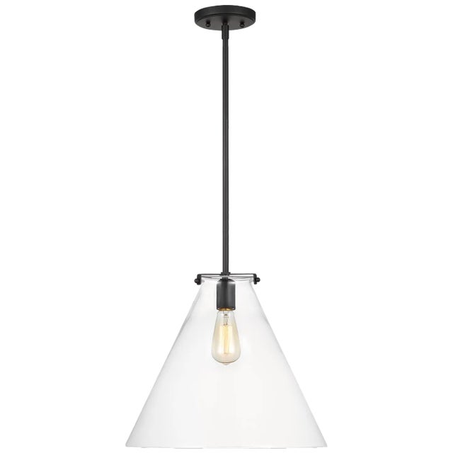 The Kate cone pendant is offered in the Satin Brass, Midnight Black, or Brushed Nickel finish. The flared, clear glass...