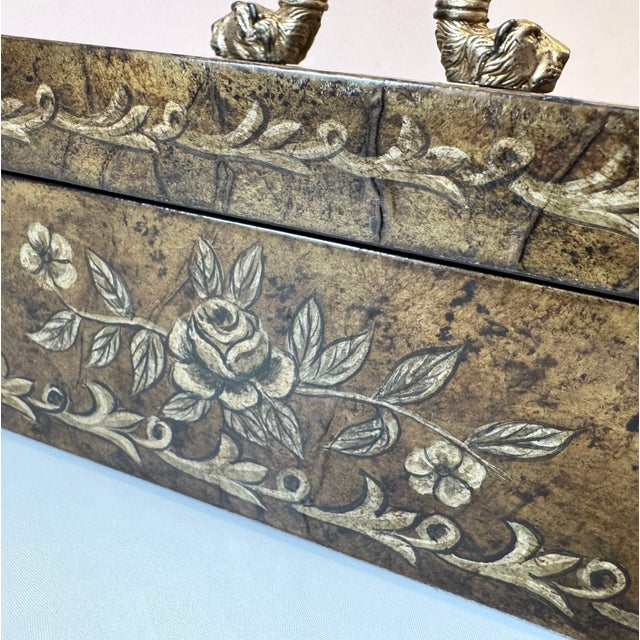 1980s Vintage Lacquered Decoupage Box With Lion Head Handle For Sale - Image 5 of 9
