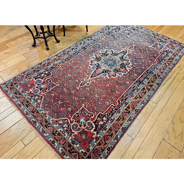 Red Vintage Persian Bidjar Gallery Rug, Hand-Knotted Wool, Geometric Medallion Pattern, Red & Navy, 5x9 For Sale - Image 8 of 17