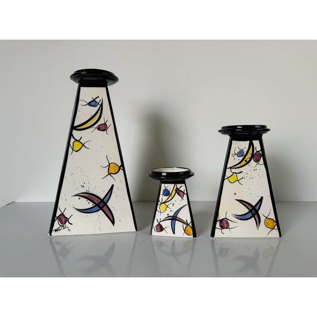 1990s Postmodern - Style Michael Anthony Hand Painted Art Ceramic Candle Holders - Set of 3/ Sold For Sale - Image 11 of 11