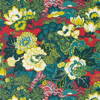 Schumacher Shanghai Peacock Fabric in Cerise Sample For Sale