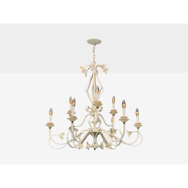 Hollywood Regency, White Painted Iron, Large Chandelier, USA, 1960s An impressive and substantial chandelier featuring...
