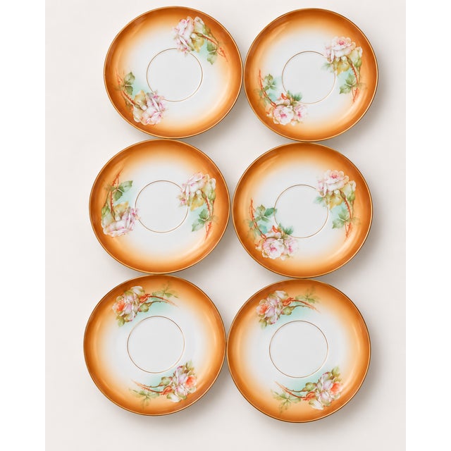 Beautiful antique M&Z Austria porcelain chocolate/coffee set featuring a warm amber-to-cream gradient, pale green accents,...