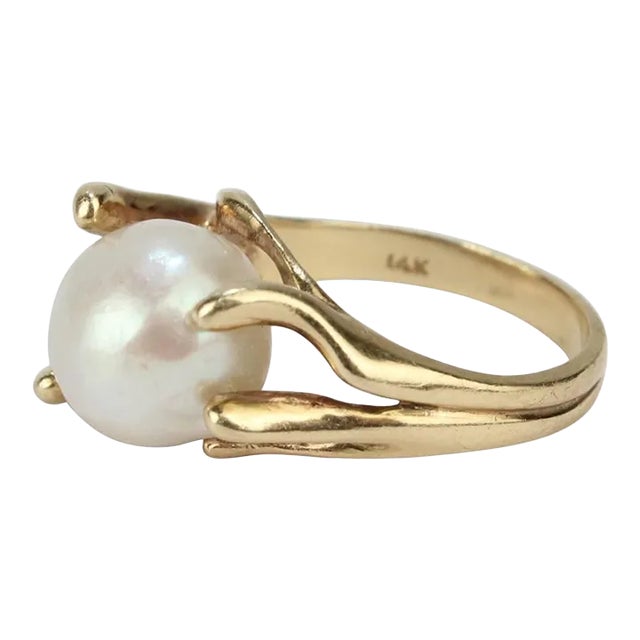 Vintage Modernist Gold and Baroque Pearl Cocktail Ring Size 6.25 For Sale