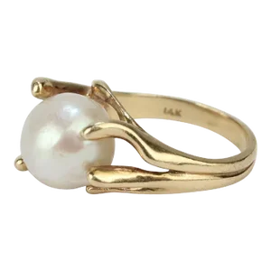 Vintage Modernist Gold and Baroque Pearl Cocktail Ring Size 6.25