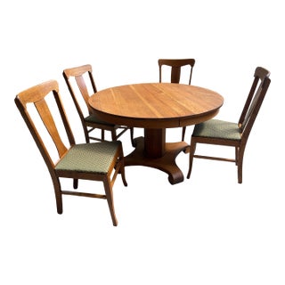 Mid 20th Century Arts and Crafts Oak Table and Chairs - Hexagon Pedestal With Empire Feet - Set of 4 For Sale