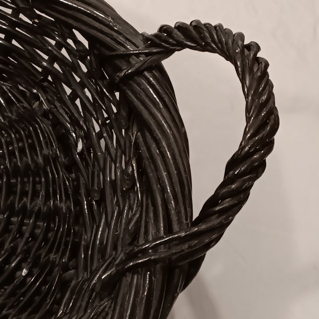 Black Mid 20th Century Vintage Large French Natural Hand Woven Black Wicker Serving Tray For Sale - Image 8 of 12