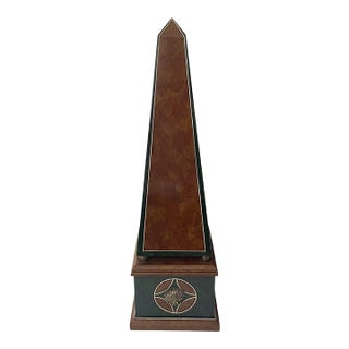VTG Maitland-Smith Leather Obelisk Brass Sun Medallions Neoclassical 27x7” For Sale