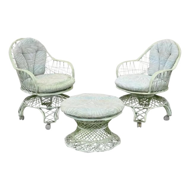 Mid 20th Century Russell Woodard Woven Spun Fiberglass Swivel Rolling Club Lounge Chairs & Ottoman For Sale