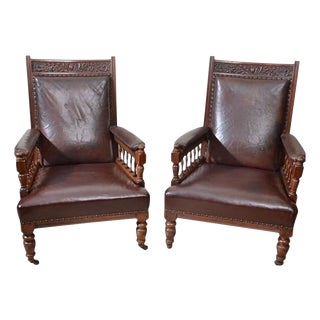 Antique English Lounge Chairs Walnut and Leather, 1800s, Set of 2 For Sale