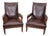 Antique English Lounge Chairs Walnut and Leather, 1800s, Set of 2 For Sale
