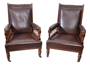 Antique English Lounge Chairs Walnut and Leather, 1800s, Set of 2