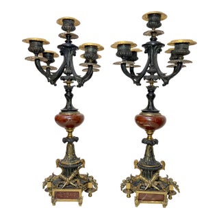 Pair Antique Ornate 1800's Patinated Gilt Bronze Marble Neoclassical Candelabras For Sale