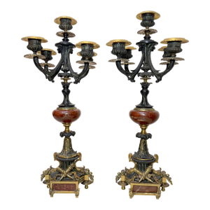 Pair Antique Ornate 1800's Patinated Gilt Bronze Marble Neoclassical Candelabras