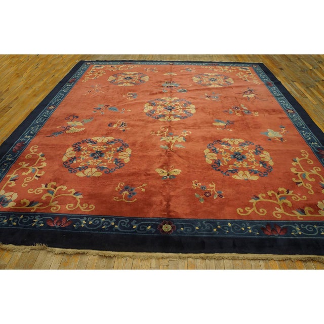 Art Deco 1920s Burnt Orange Field Floral Deco Oriental Antique Chinese Peking Knotted Rug For Sale - Image 3 of 10