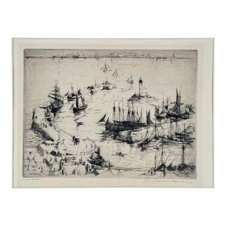 "Snug Harbor" Etching of a Romantic Harbor Scene 1928 by Armin Hansen For Sale