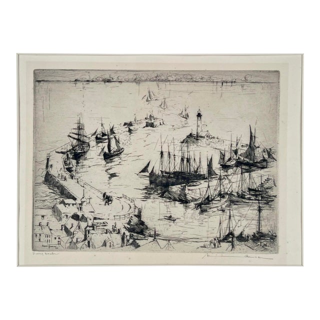 "Snug Harbor" Etching of a Romantic Harbor Scene 1928 by Armin Hansen For Sale