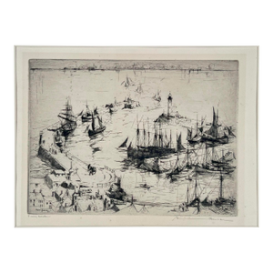 "Snug Harbor" Etching of a Romantic Harbor Scene 1928 by Armin Hansen