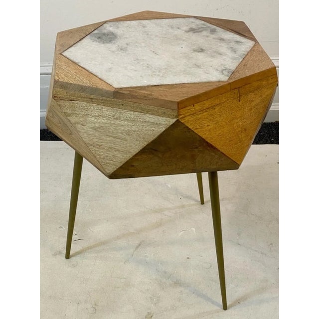Wood Early 21st Century Modern Italian Multi Faceted Hexagonal Wood & Marble Tripod Tables - A Pair For Sale - Image 7 of 10