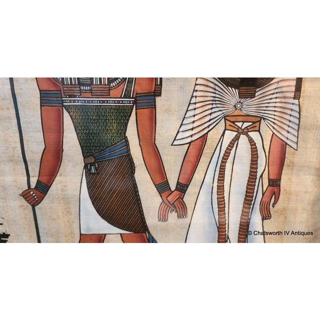 Traditional Vintage Framed Hand Painted Papyrus Egyptian Painting of Horus & Nefertiti ~ Signed, 1990s For Sale - Image 3 of 5