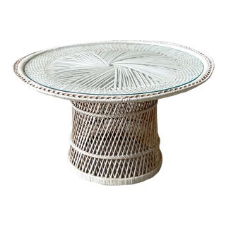 Boho Chic White Wicker & Rattan Glass Top Coffee Table For Sale