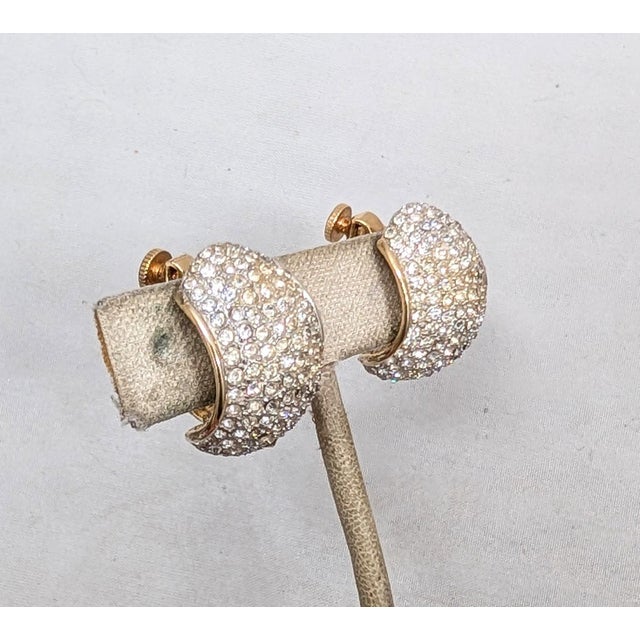 Vendome Vintage 1960s Signed Vendome Goldtone Pavé Round Clear Rhinestone Half Hoop Clip Earrings-2 Pieces For Sale - Image 4 of 10
