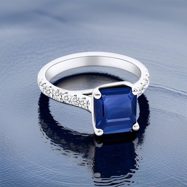 2010s Natural Sapphire Diamond Ring 14k W Gold 3.18 TCW Certified, , Size 7 For Sale - Image 5 of 18