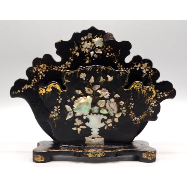 Lovely Victorian era papier mâché letter caddy / rack embellished with mother of pearl, abalone shell and hand painted...