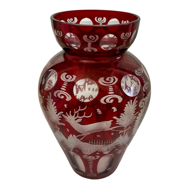 Bohemian Egermann Cut to Clear Ruby Red Glass Vase. Stag, Forest, Castle For Sale