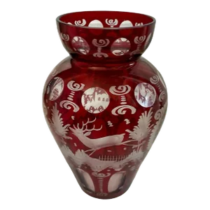 Bohemian Egermann Cut to Clear Ruby Red Glass Vase. Stag, Forest, Castle