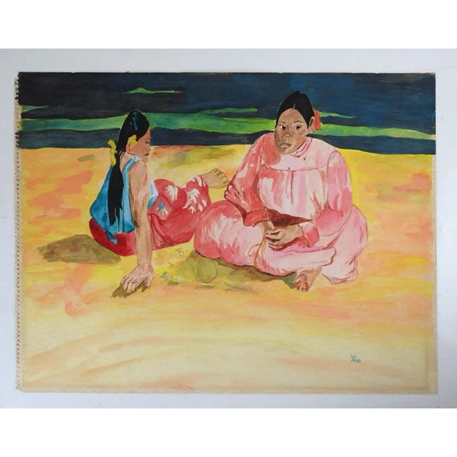 Traditional After Gauguin Tahitian Women on Beach Watercolor Painting For Sale - Image 3 of 4