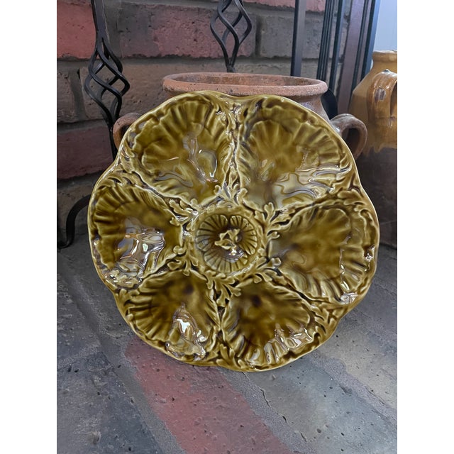1950s French Gien Majolica Olive Green Oyster Plate For Sale - Image 13 of 16