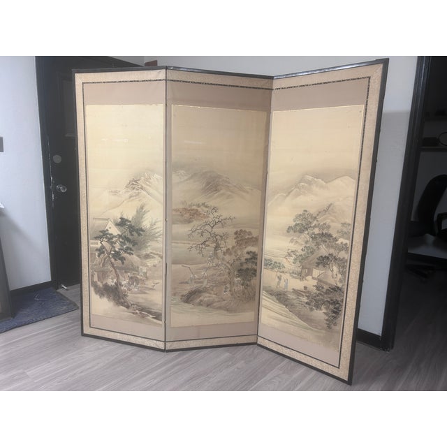 Large Antique Asian 3-Panel Folding Screen With Ink Painting For Sale - Image 13 of 18