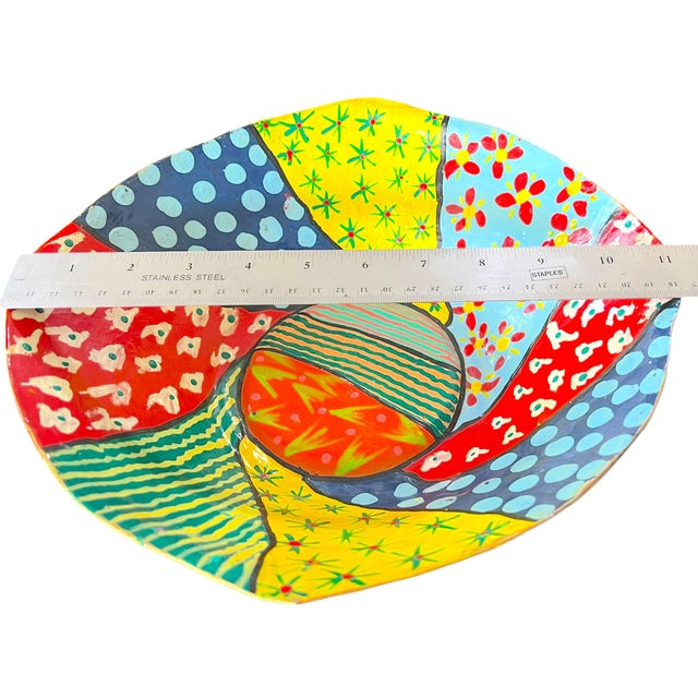 Paper Vintage Hand-Painted Papier-Mâché Bowl – Colorful Folk Art, Memphis Style Patchwork Centerpiece For Sale - Image 7 of 7