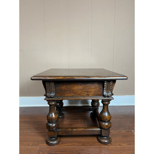 Antique English Side End Table Small Square Carved Oak Jacobean Revival C1910 For Sale - Image 10 of 18