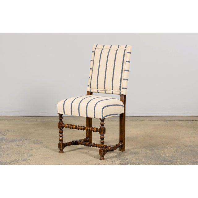 Wood Antique French Louis XIII Dining Chairs in Blue Striped Jacquard, Set of 12 For Sale - Image 7 of 18
